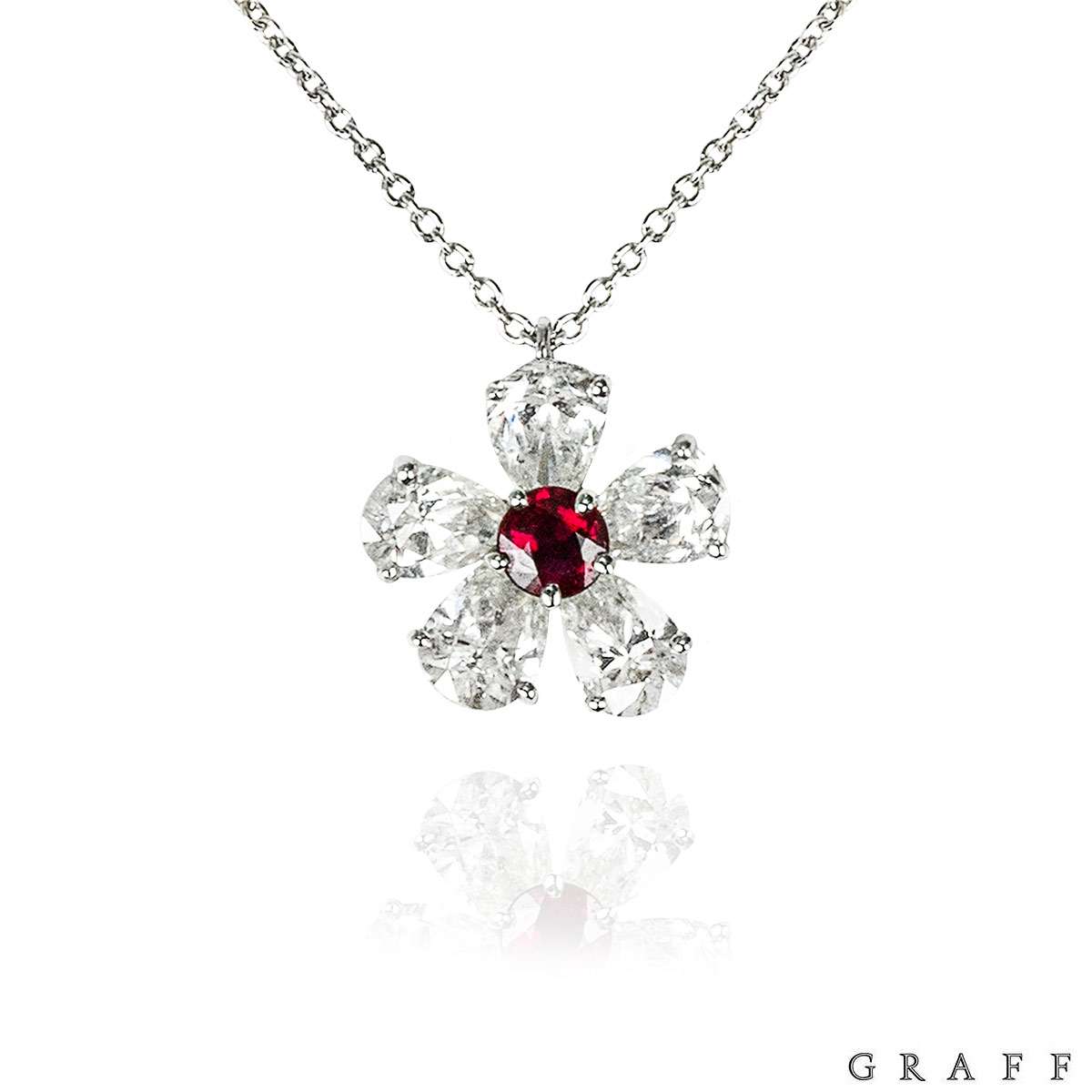 Graff Platinum Diamond & Ruby Flower Pendant